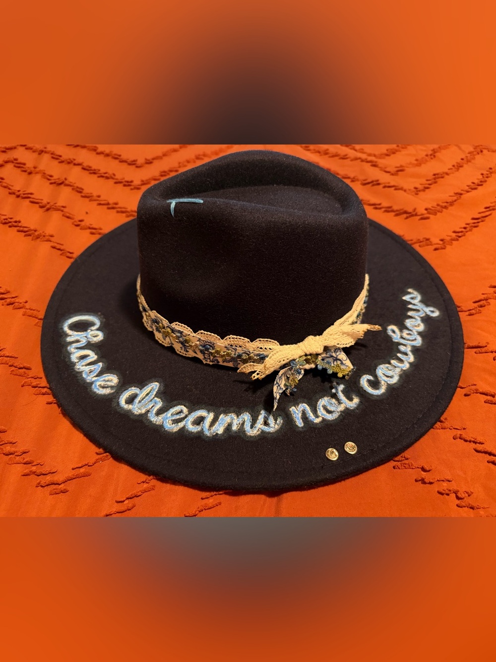 Navy Embroidered Wide-Brim Felt Hat with Lace Band